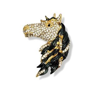 Gold Tone Round White Crystal Gunmetal Black Enamel Horse Head Brooch Pin